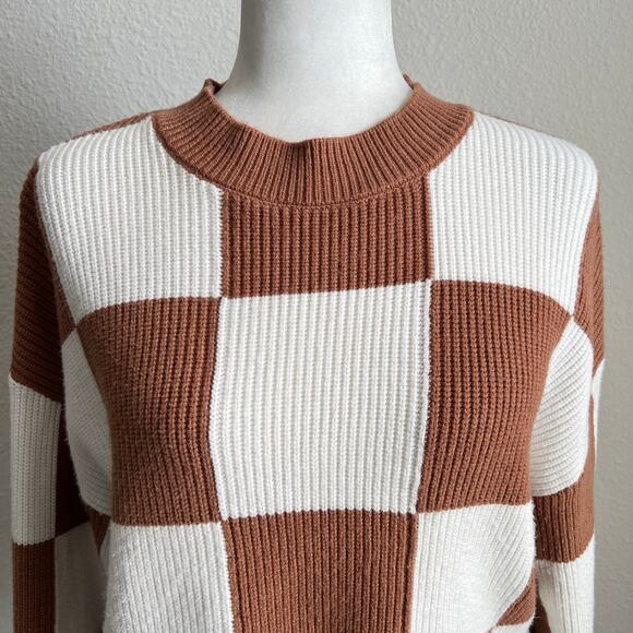 MNG Mango Checkered Pullover Knit Sweater Women's L Brown Off White - Picture 3 of 7